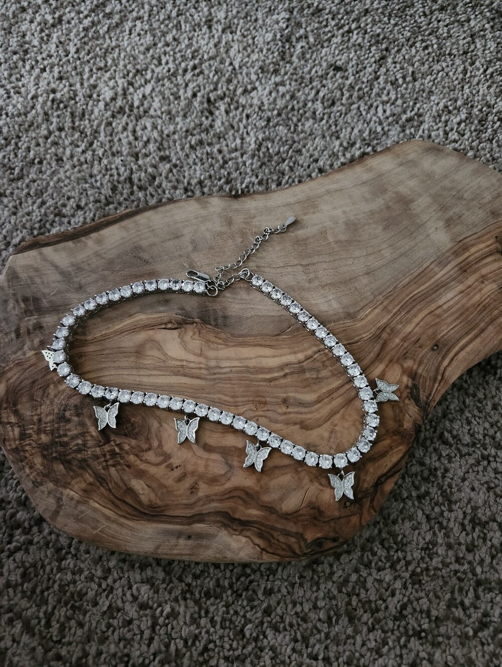 Silver Butterfly Crystal Choker Necklace 15 Inches